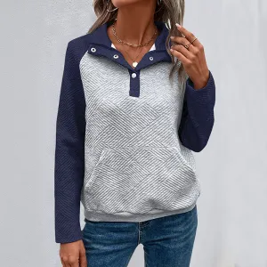 Women Casual Color-Block Lapel Long-Sleeve Sweatshirt for Autumn Winter