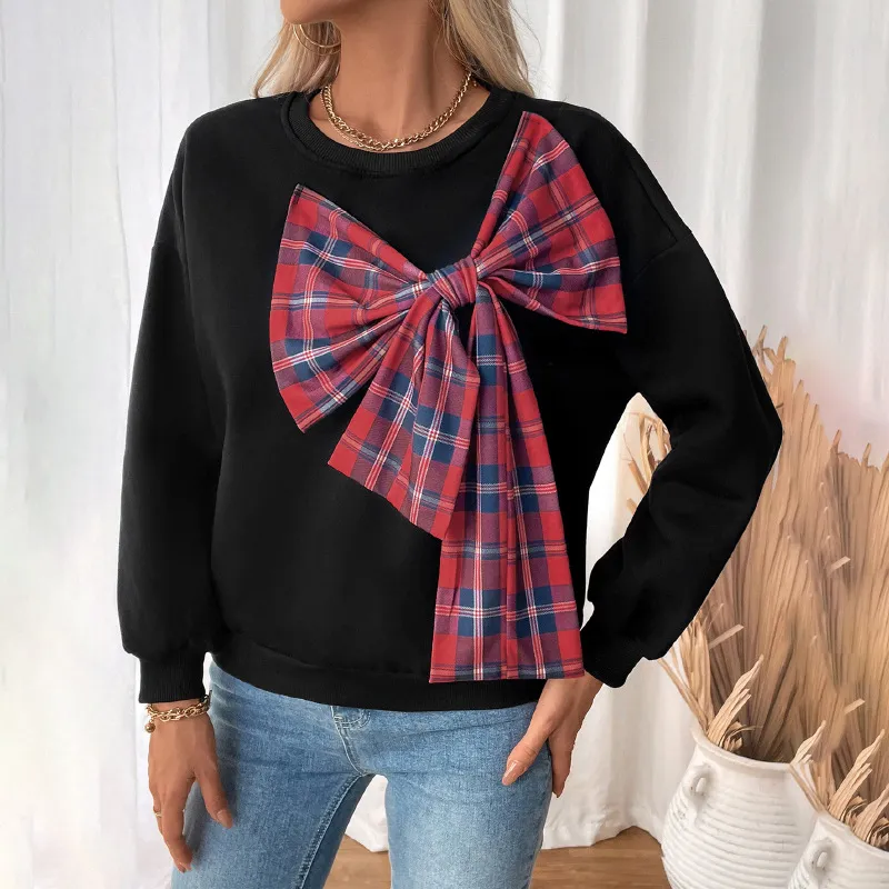 Women's Fleece-Lined Plaid Bowknot Stitching Long-Sleeve Sweatshirt for Autumn Winter Casual Wear