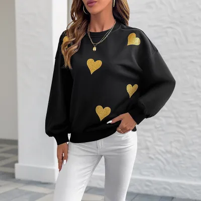 Women Fashion Casual Autumn Heart Printed Round Neck Long Sleeve Loose Sweatshirt
