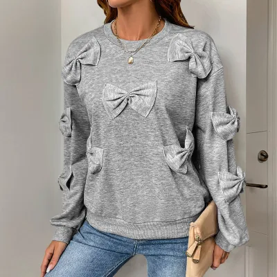 Women Casual Autumn Bowknot Stitching Long-Sleeve Sweatshirt