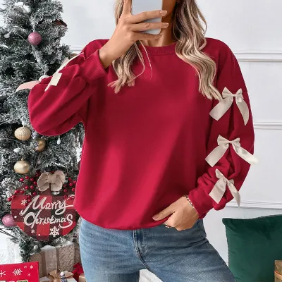 Women Casual Autumn Winter Round Neck Bowknot Long-Sleeve Sweatshirt