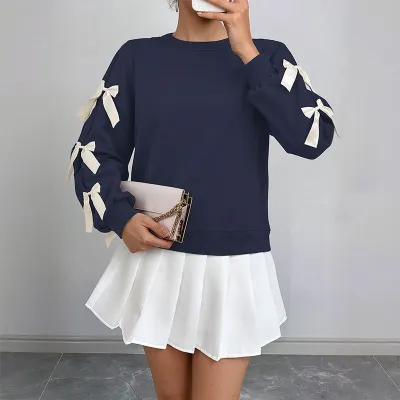 Women Casual Autumn Winter Round Neck Bowknot Long-Sleeve Sweatshirt