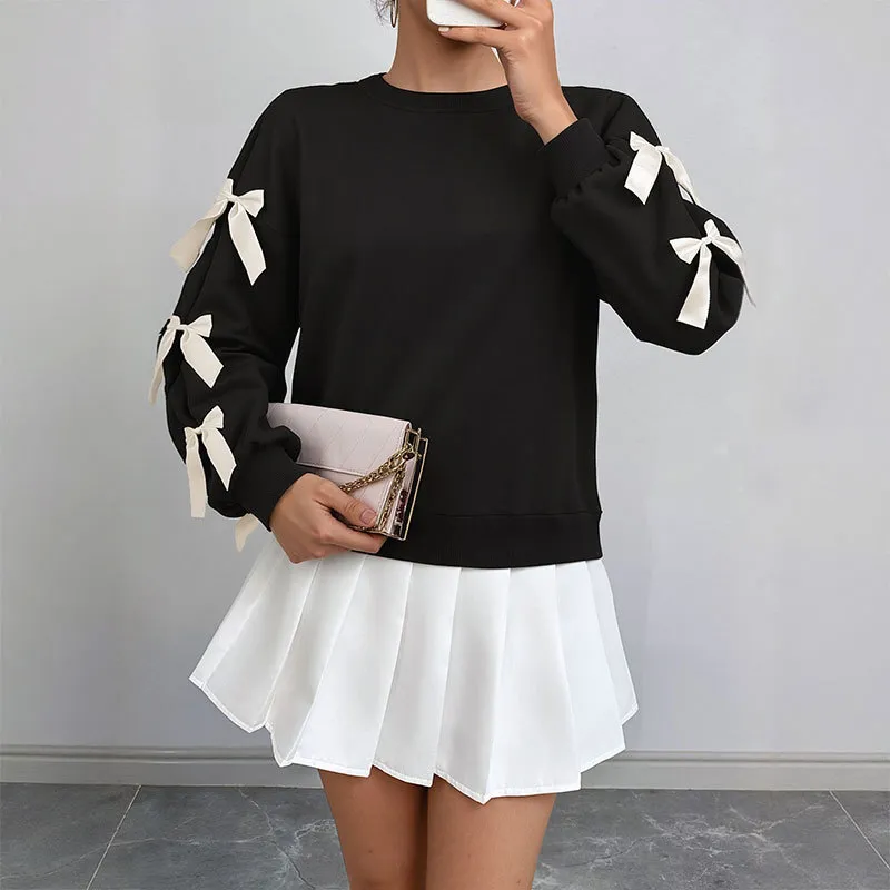 Women Casual Autumn Winter Round Neck Bowknot Long-Sleeve Sweatshirt