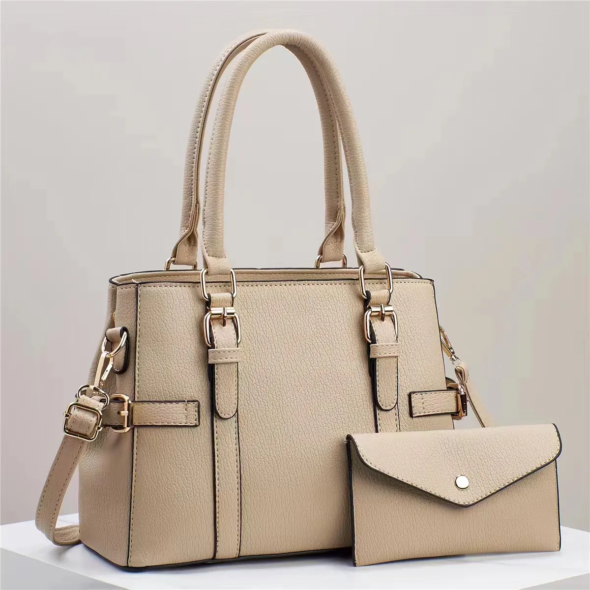 Elegant Women Solid Color Genuine Leather Tote Bag 2 In 1 Handbag