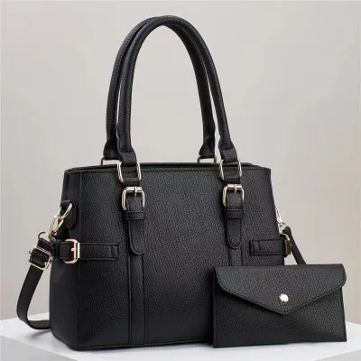 Elegant Women Solid Color Genuine Leather Tote Bag 2 In 1 Handbag