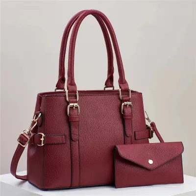 Elegant Women Solid Color Genuine Leather Tote Bag 2 In 1 Handbag