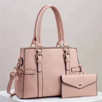 Elegant Women Solid Color Genuine Leather Tote Bag 2 In 1 Handbag