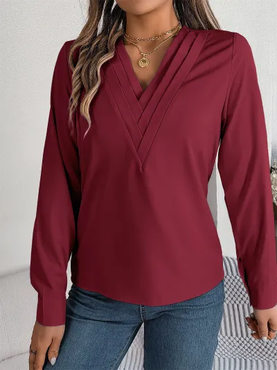 Women Elegant Solid Color V-Neck Long Sleeve Blouse