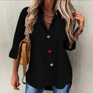 Women Casual Solid Color Lapel Long-Sleeve Single Breasted Blouse