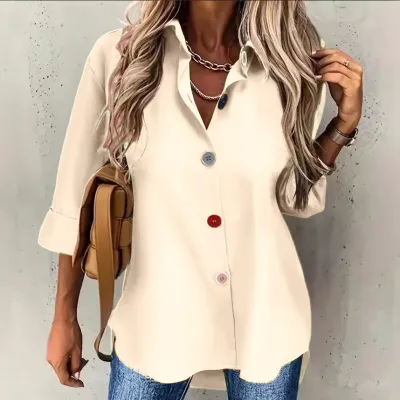 Women Casual Solid Color Lapel Long-Sleeve Single Breasted Blouse
