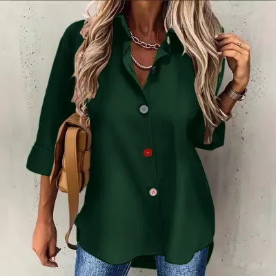 Women Casual Solid Color Lapel Long-Sleeve Single Breasted Blouse