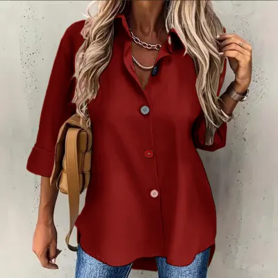 Women Casual Solid Color Lapel Long-Sleeve Single Breasted Blouse