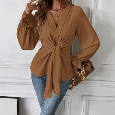 Women Fashion Elegant V-Neck Long-Sleeve Lace-Up Blouse