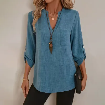 Women Fashion Casual Solid Color V-Neck Long-Sleeve Blouse