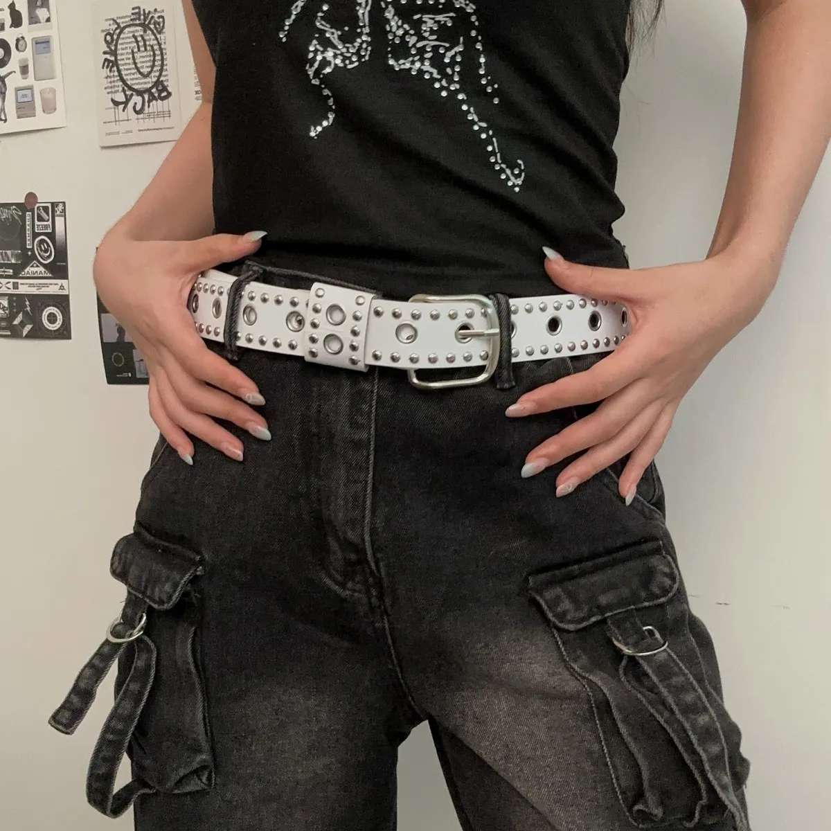 Women Fashion Retro Hip-Hop Rivet PU Leather Belt Pin Buckle Alloy