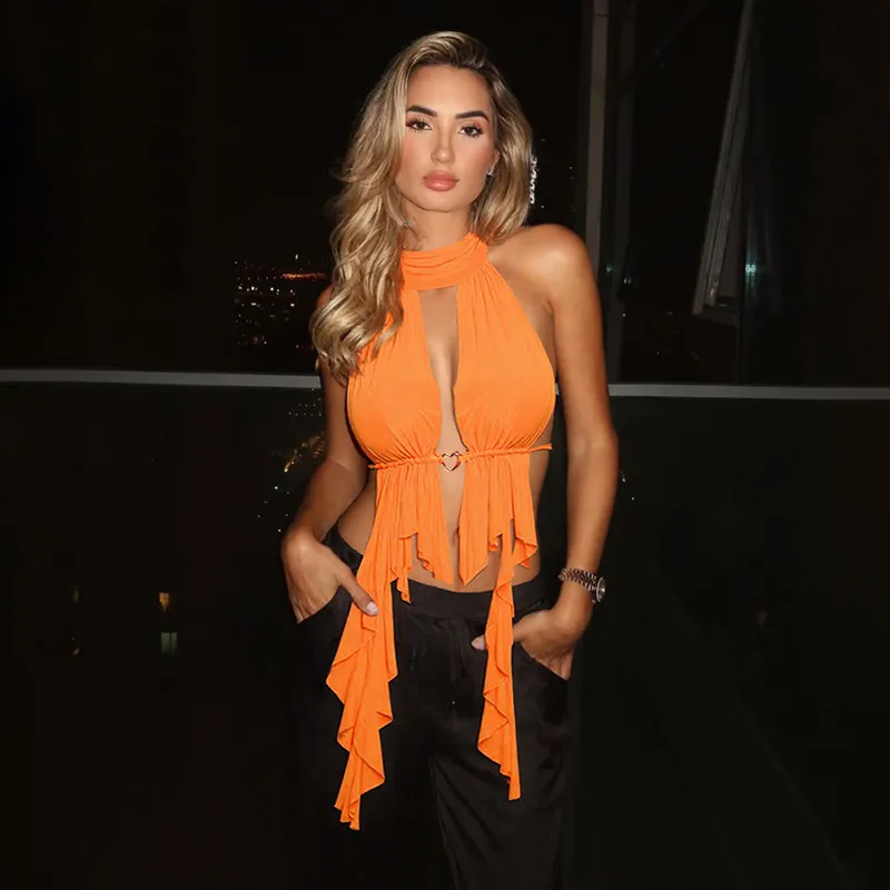 Women Fashion Sexy Solid Color Irregular Halter-Neck Backless Long Tassels Tank Top