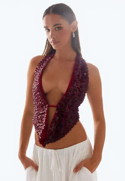 Women Sexy Solid Color Sequin V-Neck Backless Slim-Fit Tank Top