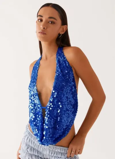 Women Sexy Solid Color Sequin V-Neck Backless Slim-Fit Tank Top