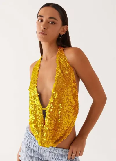 Women Sexy Solid Color Sequin V-Neck Backless Slim-Fit Tank Top