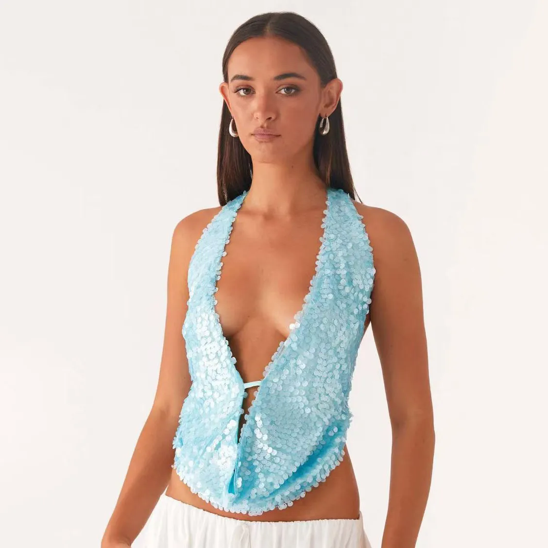 Women Sexy Solid Color Sequin V-Neck Backless Slim-Fit Tank Top
