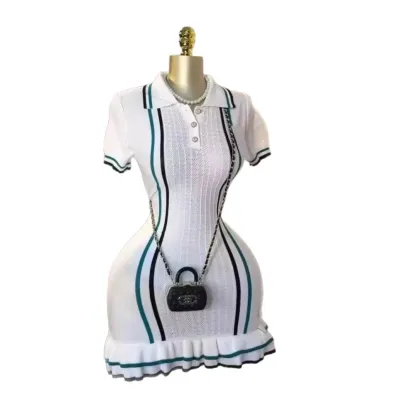 Women Elegant Contrast Color Knitted Lapel Short-Sleeve Ruffled Dress