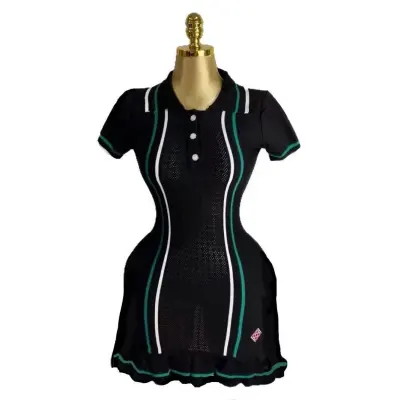 Women Elegant Contrast Color Knitted Lapel Short-Sleeve Ruffled Dress
