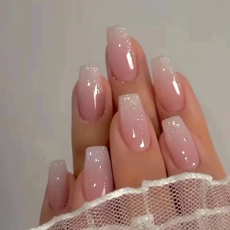 Mid-Length Ballet Gradient Pink Removable Art Fake Nails for Women