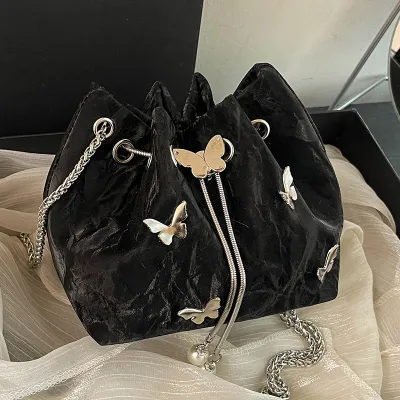 Women Fashion Solid Color Butterfly Decoration Bucket Shoulder Bag