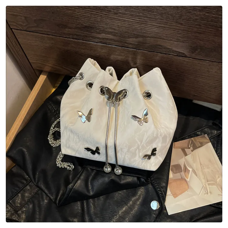 Women Fashion Solid Color Butterfly Decoration Bucket Shoulder Bag