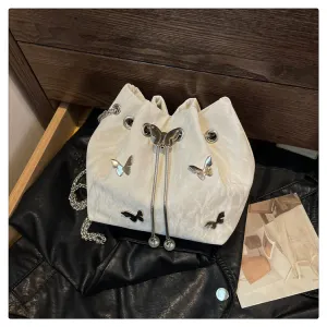 Women Fashion Solid Color Butterfly Decoration Bucket Shoulder Bag