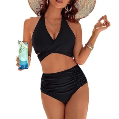 Women Fashion Sexy Solid Color Halter-Neck Tankini Swimsuit
