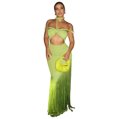 Women Fashion Sexy Solid Color Halter-Neck Hollow-Out Tassel Maxi Dress