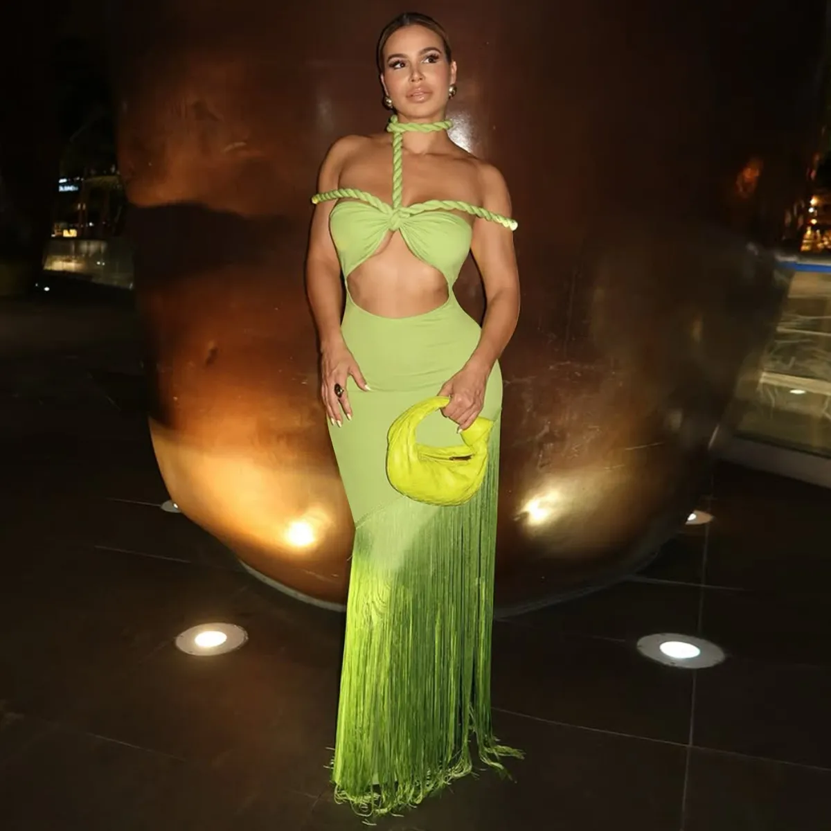 Women Fashion Sexy Solid Color Halter-Neck Hollow-Out Tassel Maxi Dress