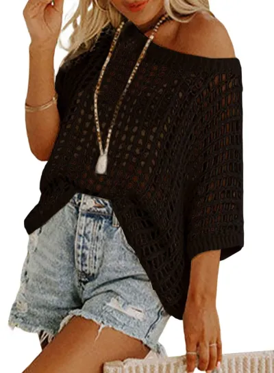 Women Fashion Solid Color Knitted Hollow-Out Short-Sleeve Swimsuit Cover-Ups