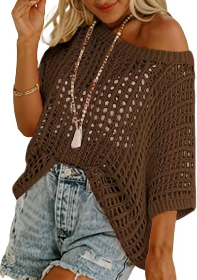 Women Fashion Solid Color Knitted Hollow-Out Short-Sleeve Swimsuit Cover-Ups