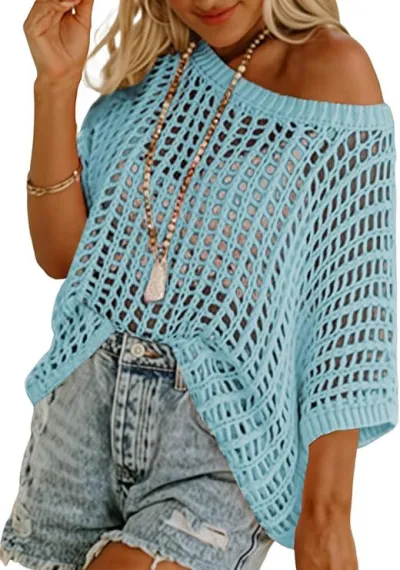 Women Fashion Solid Color Knitted Hollow-Out Short-Sleeve Swimsuit Cover-Ups
