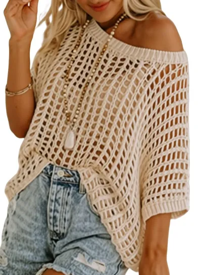 Women Fashion Solid Color Knitted Hollow-Out Short-Sleeve Swimsuit Cover-Ups