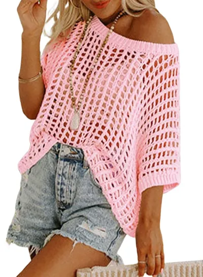 Women Fashion Solid Color Knitted Hollow-Out Short-Sleeve Swimsuit Cover-Ups
