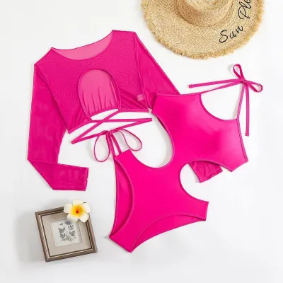 Women Fashion Sexy Solid Color Long Sleeve One-Piece Swimsuit Set