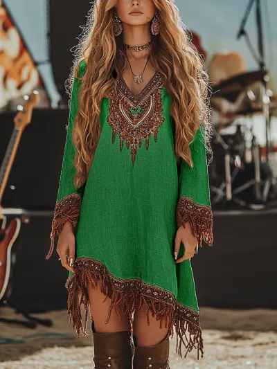 Women Fashion Boho Printed Lace V-Neck Long-Sleeve Loose Midi Dress