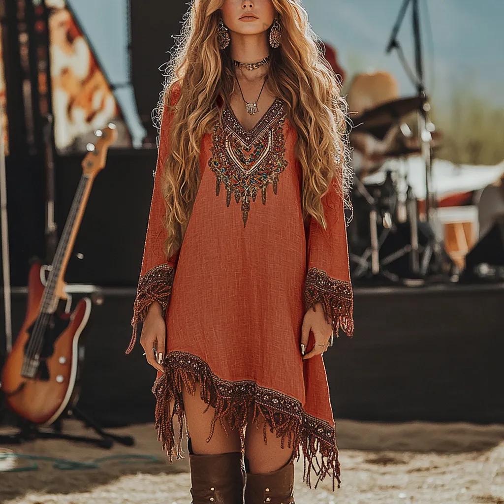 Women Fashion Boho Printed Lace V-Neck Long-Sleeve Loose Midi Dress