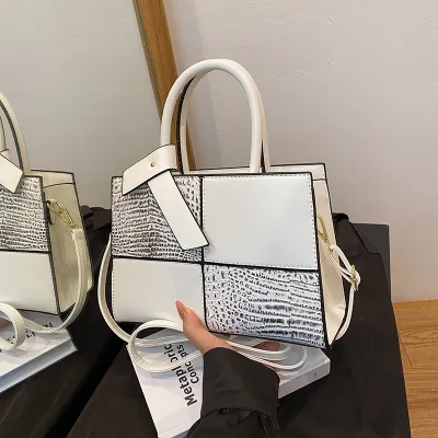 Women Fashion Splicing Large Capacity PU Handbag Tote
