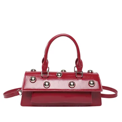 Women Fashion Solid Color Rivet PU Tote Handbag with Shoulder Strap