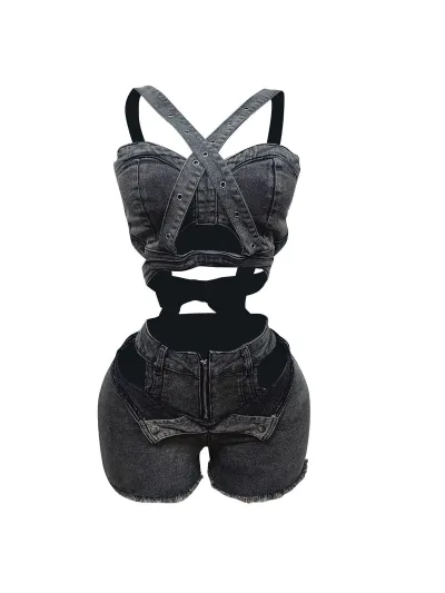Women's Fashion Sexy Solid Color Hollow-Out Denim Tank Top and Tight Shorts Two-Piece Set