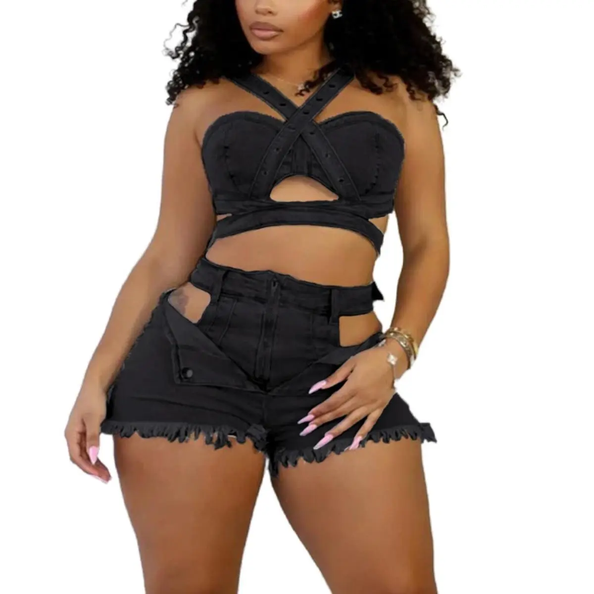 Women's Fashion Sexy Solid Color Hollow-Out Denim Tank Top and Tight Shorts Two-Piece Set