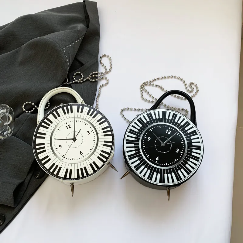 Women Fashion Creative Clock Printed Chain Small Round Handbag