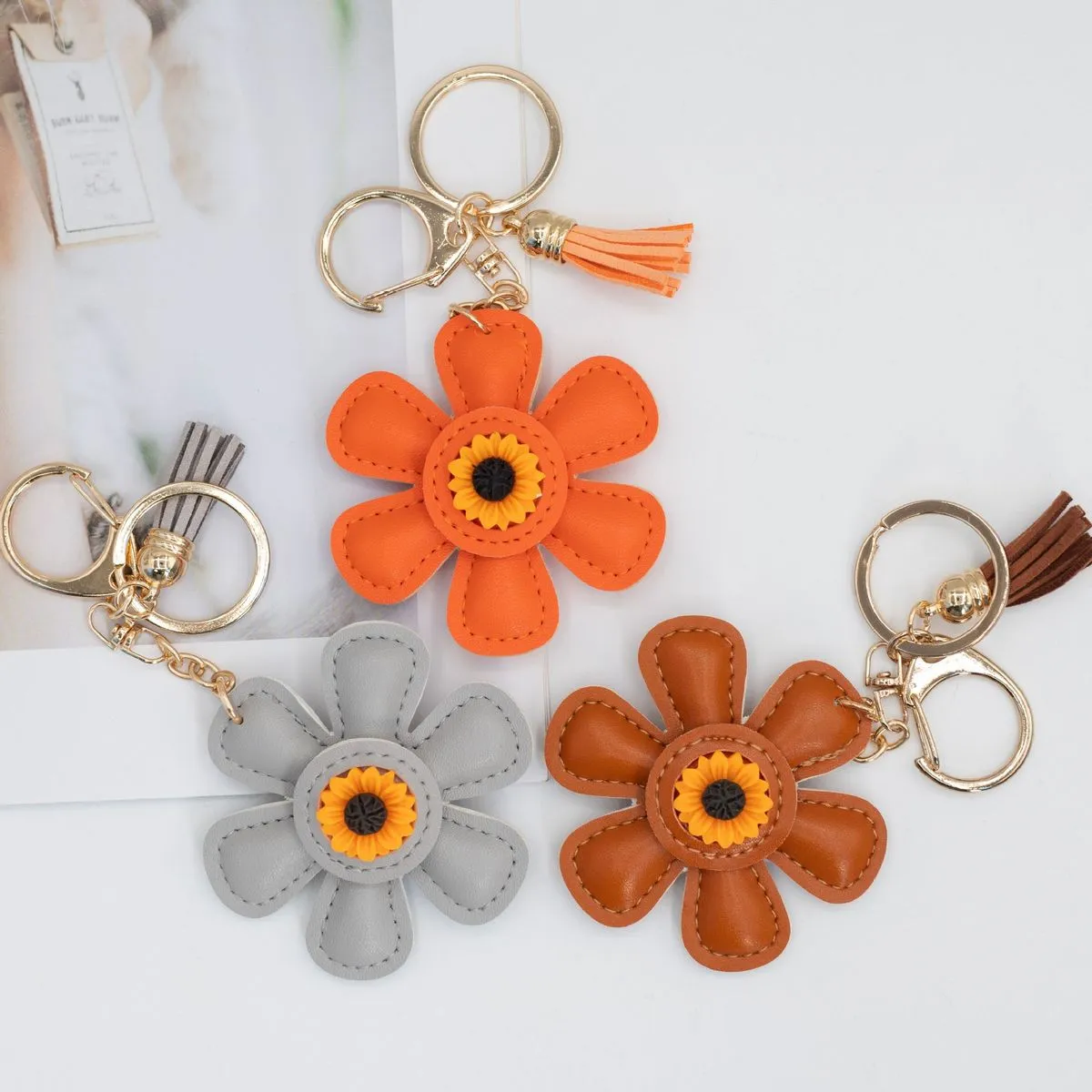 Women Fashion Creative Sunflower PU Leather Bag Keychain Ornament