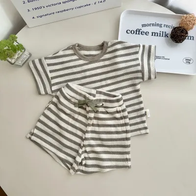 Baby Boys Girls Fashion Casual Stripe Waffler Short-Sleeve T-Shirt Shorts Two-Piece Set