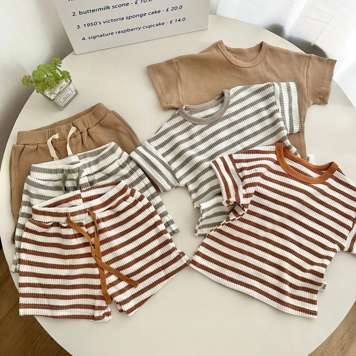 Baby Boys Girls Fashion Casual Stripe Waffler Short-Sleeve T-Shirt Shorts Two-Piece Set