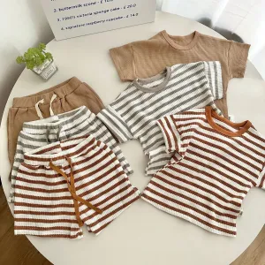 Baby Boys Girls Fashion Casual Stripe Waffler Short-Sleeve T-Shirt Shorts Two-Piece Set